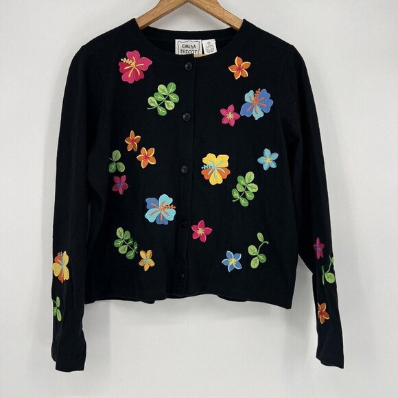 Emma Tricot Cardigan Embroidered Tropical Flowers Black Women’s Size Medium - Picture 1 of 8